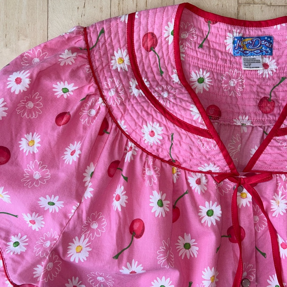 Vintage 80s Moondance Housecoat Nightgown Pink Cherry Print L/XL (labeled 3X) - Picture 10 of 15